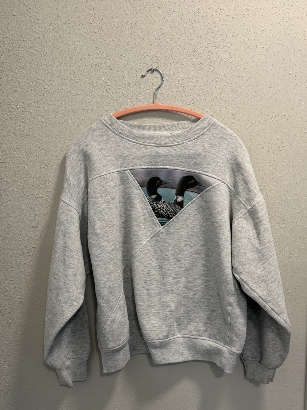 Grey Crewneck Sweater with Graphic Patch of 2 duck on a lake size Large